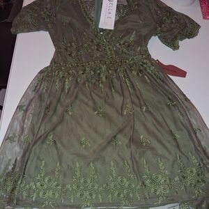 Bella Elle Olive Green Embroidered Sheer Dress